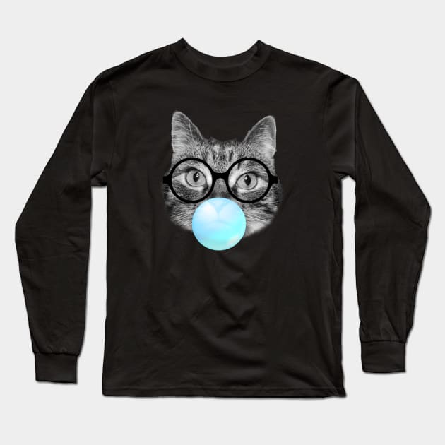 Cute fluffy cat blowing a blue bubble gum Long Sleeve T-Shirt by Purrfect